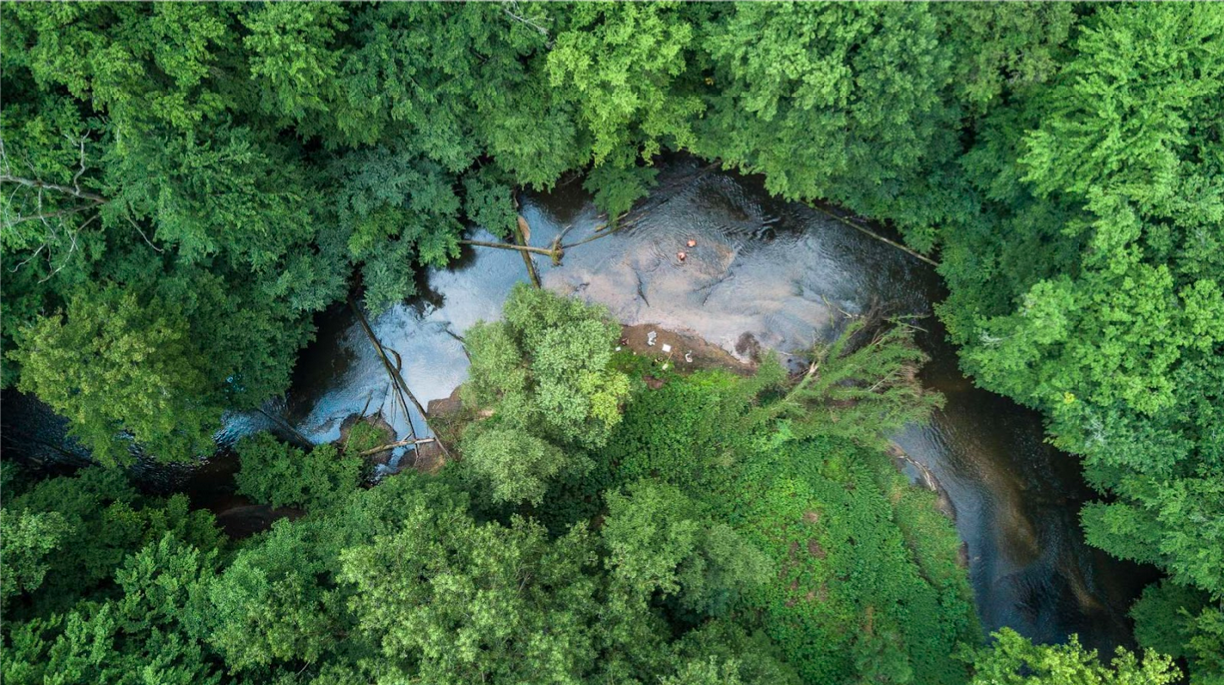 ein Fluss aus Vogelperspektive, umgeben von Bäumen ein Fluss aus Vogelperspektive, umgeben von Bäumen